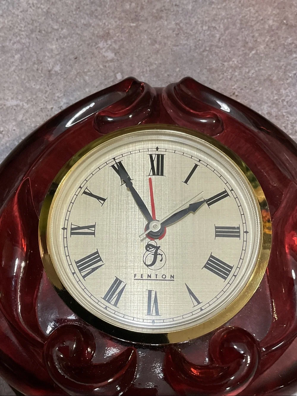 Fenton Glass Mantel Clock with Gold Bezel cranberry